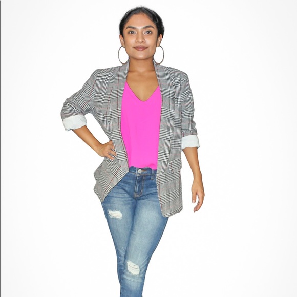 PLAID RUCHED SLEEVE BOYFRIEND BLAZER WITH POCKETS - Picture 1 of 5